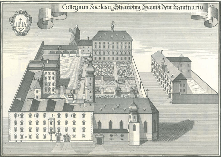 Jesuitenkolleg und Kirche Aufnahme Mariens in den Himmel, Kupferstich in: Michael Wening, Beschreibung des Rentamtes Straubing, München 1726